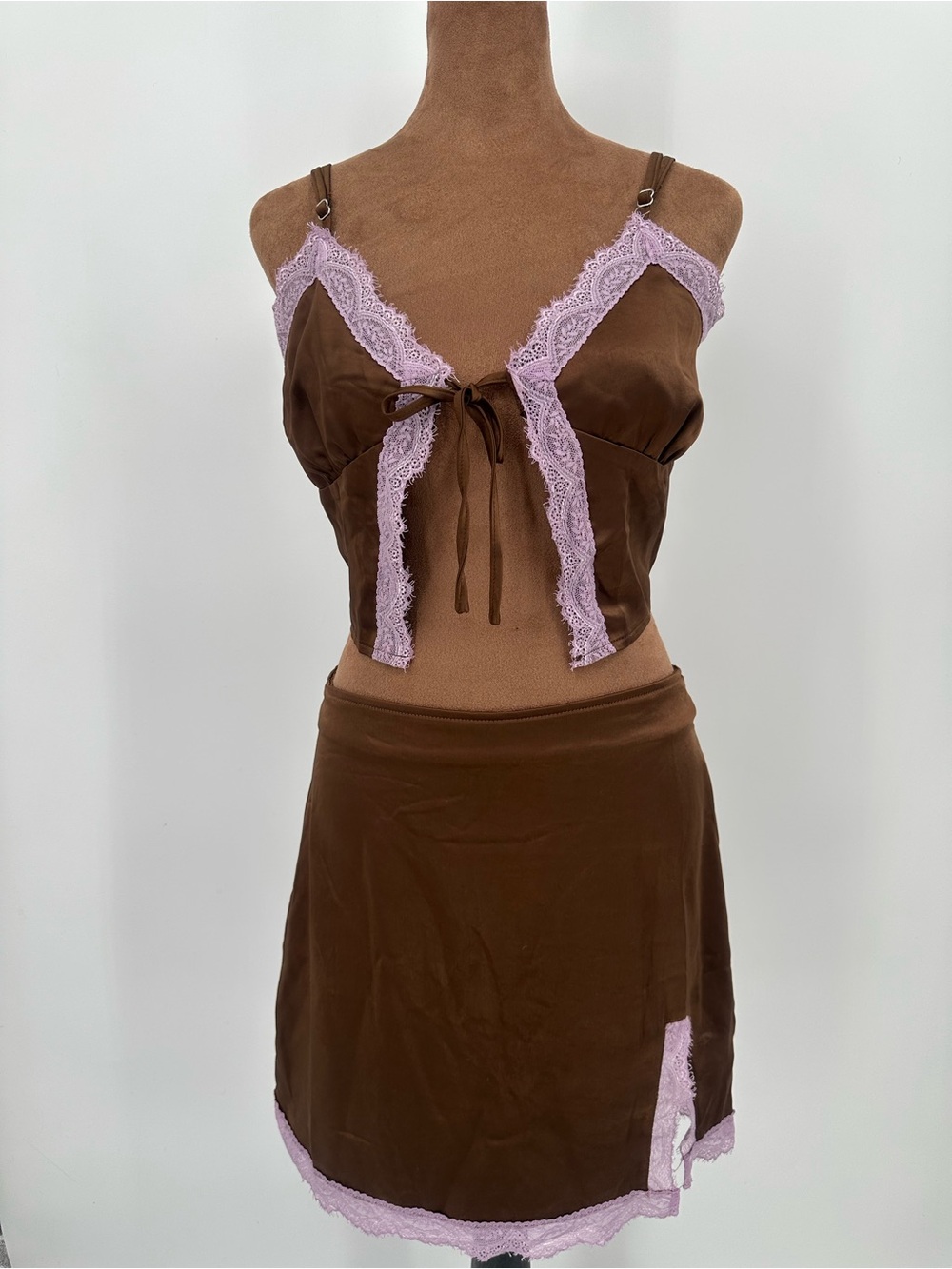 Motel Rocks Brown Pink Lace Satin Cami Mini Skirt Set M NWT Y2K